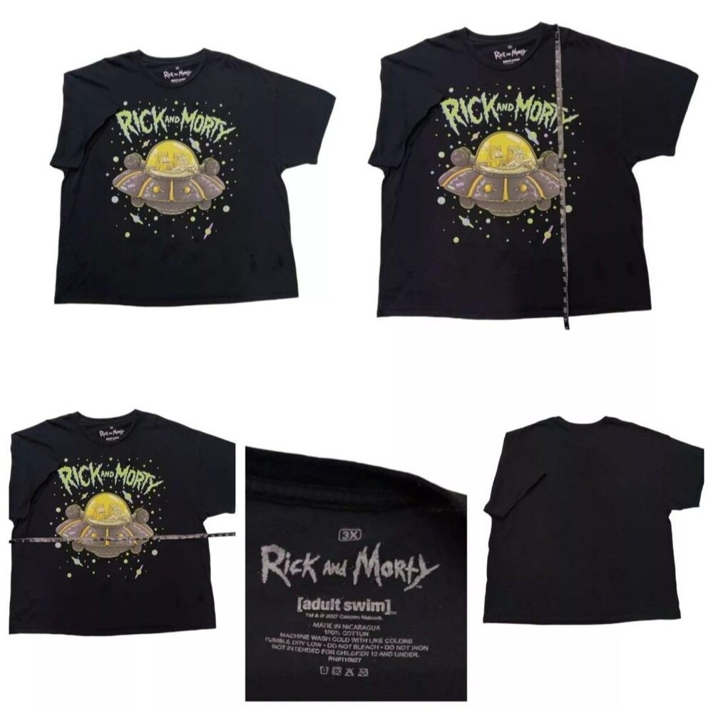 Rick & Morty T-shirt  Black UFO Space Ship Graphic Shirt Adult Swim XXXL 3XL